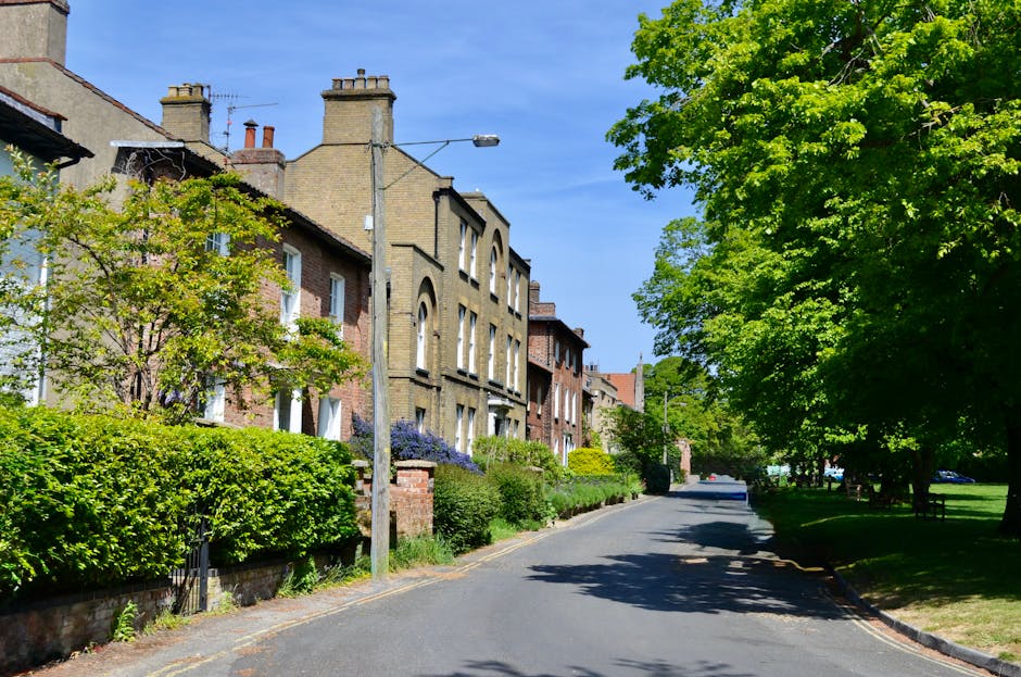 A quiet residential street in Chiswick lined with traditional brick terraced houses featuring bay windows and chimneys. The pavement is bordered by well-maintained greenery, including bushes, flowering plants, and large leafy trees casting shade over the road. A tall street lamp stands beside the pavement, and the sky overhead is clear with a bright blue hue. In the context of a house removal or relocation, the scene depicts a typical suburban setting where furniture and packing materials might be transported to or from a home. Man and Van Chiswick's services could involve loading or unloading household items in this area, with moving equipment such as trolleys or blankets potentially visible during the process, although they are not present in this particular image.